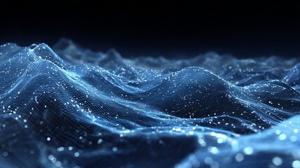 Dynamic glowing digital network landscape with abstract data points flowing across a dark background, representing technology and connection