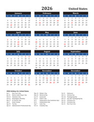 2026 Calendar with US Holidays Black and Blue Design &ndash; Portrait Layout, Sunday Start