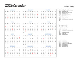 2026 Calendar with US Holidays &ndash; Simple Minimalist Landscape Design, Sunday Start