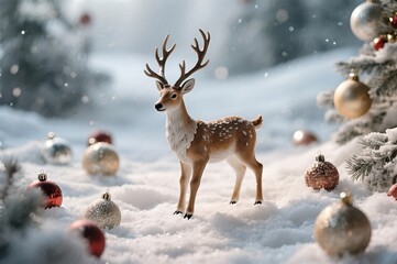 Obraz premium Enchanting Christmas Scene - Deer in a Winter Wonderland with Ornaments.
