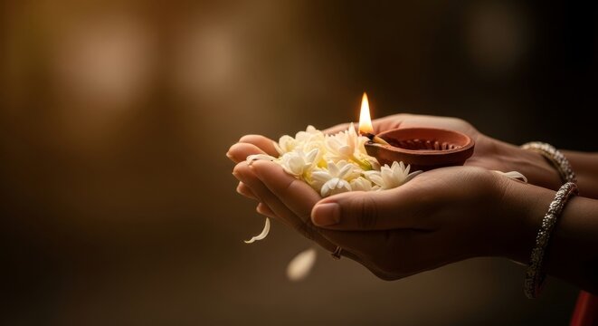 Rohini Vrat, hands offering white jasmine and diya flame