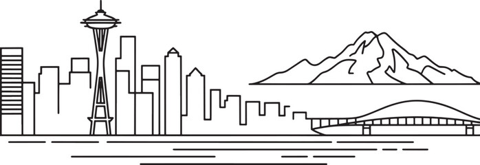 Fototapeta premium Seattle Cityscape Skyline Outline Style Minimalist Line Vector Artwork on a Transparent Scene