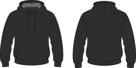 Black hoodie sweatshirt front and back view, fashion flat sketch, vector apparel design template, unisex casual pullover CAD drawing illustration