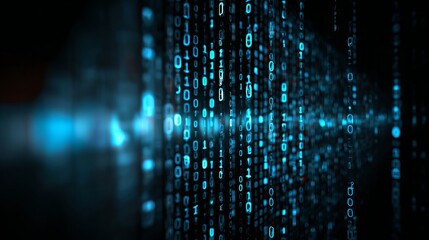 Dynamic digital rain of glowing blue binary code cascades, representing data streams and futuristic technology concepts.