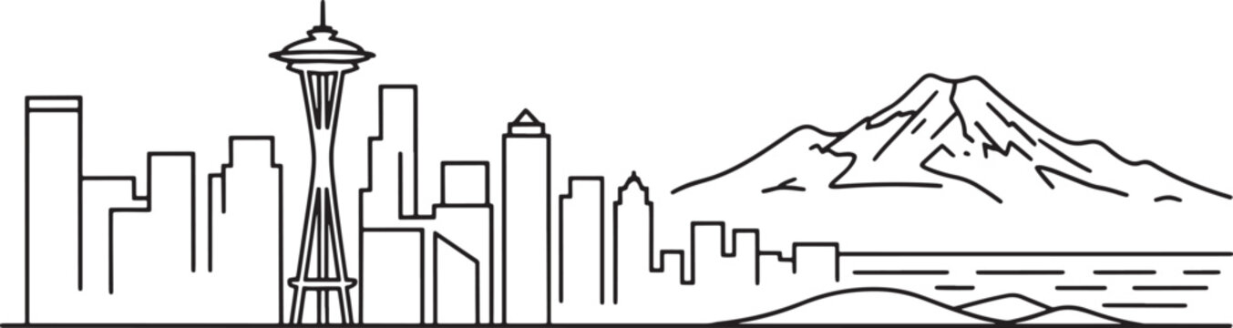 Seattle Washington Skyline Silhouette with Space Needle and Mount Rainier Linear Vector