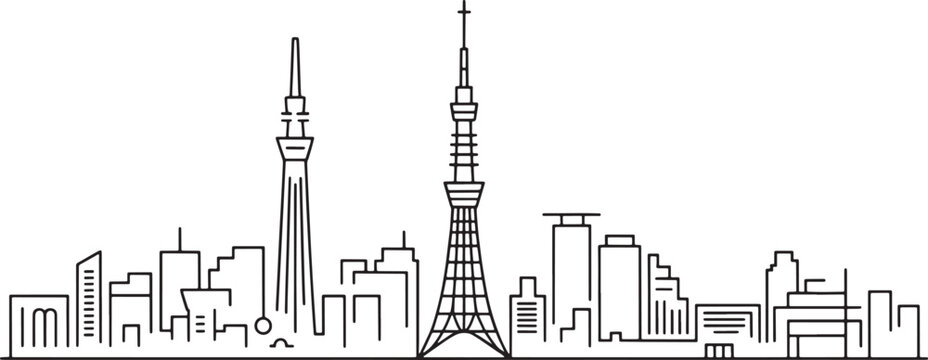 Tokyo Skyline Silhouette with Tokyo Tower and Skytree Outline Minimalist Vector Design