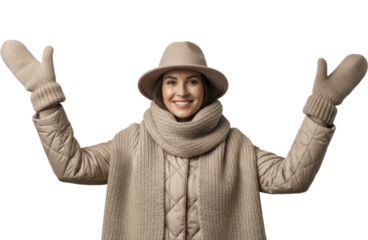 Happy woman in winter outerwear with raised arms and mittens on a transparent background PNG file