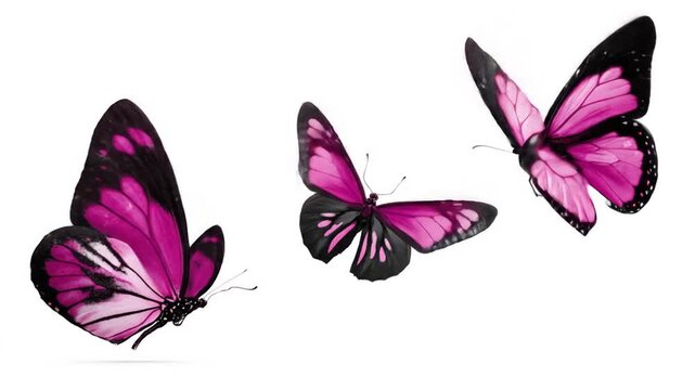 Three vibrant pink butterflies gracefully fluttering in a bright white background, showcasing their delicate wings and intricate patterns, perfect for nature-themed projects or educational materials