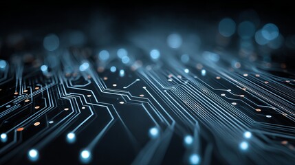 Dynamic digital circuit board with glowing blue lights, representing futuristic technology, data flow, and complex network connections.