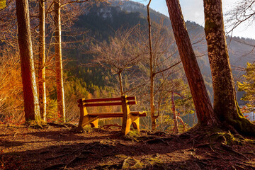 bench near bavarian lake, sunset