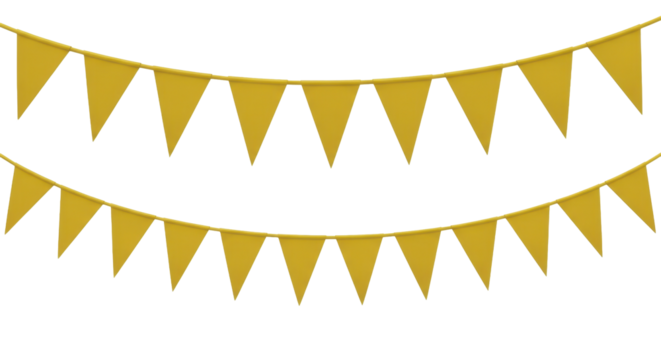 Yellow triangular celebration pennants on a transparent background, festive bunting garland PNG image for parties