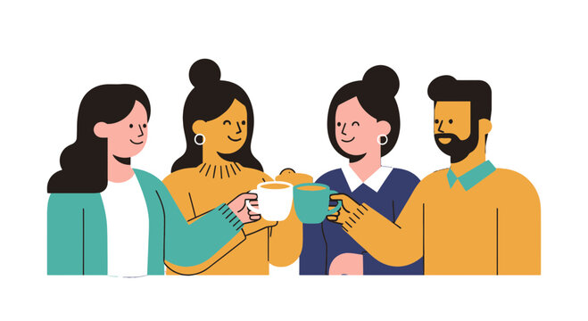 Group Of Diverse Friends Toasting Each Other With Coffee Mugs On Black Background