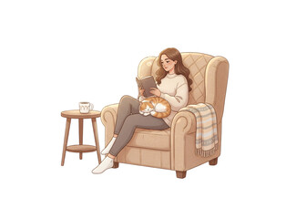 Woman relaxing in beige armchair reading book with orange tabby cat on lap near coffee table, isolated on a transparent background