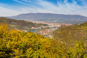 View of the city of Zvornik and the Drina River on a bright autumn day