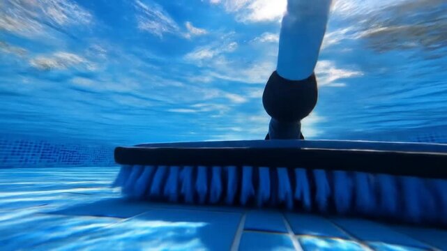Underwater view of a pool cleaning brush gliding across the tiled floor, with sunlight filtering through the water, creating a serene atmosphere and reflecting patterns on the surface
