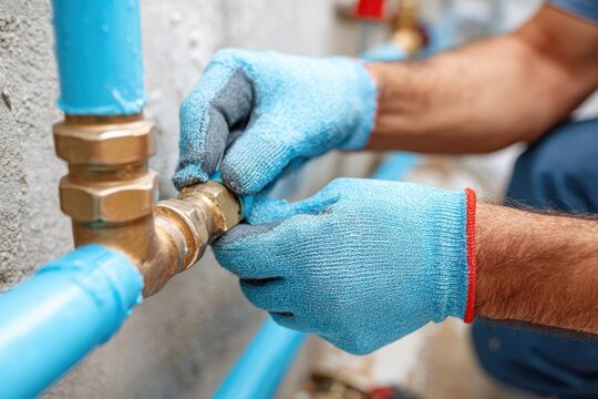 Plumber tightening brass fitting on blue pipe