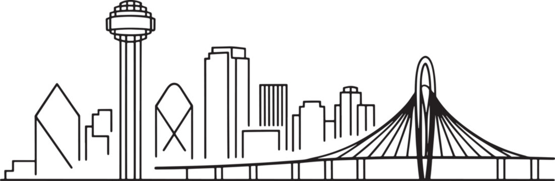 Dallas Skyline Linear Design Vector Illustration Texas Cityscape Silhouette Line Drawing Art