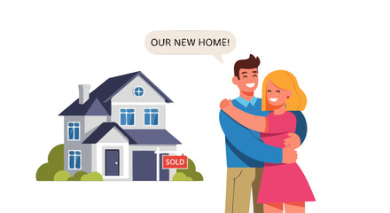 Happy Couple Celebrate Purchasing Their New Home With A Sold Sign And Smiling