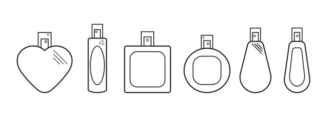 Set of perfume line icons. Bottle, flacon, spray illustration. Beauty care concept. Vector illustration of perfume bottle.
