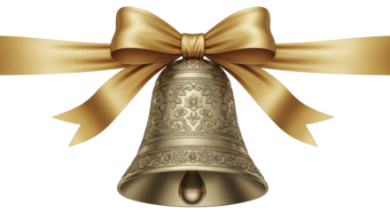  Golden Decorative Bell with Elegant Ribbon Bow on a Transparent Background, PNG image