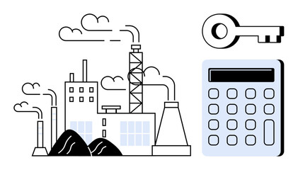 Factory buildings with chimneys emitting smoke beside a key and calculator exploring finance, industry, sustainability, business, security, decision-making, efficiency. Modern simple flat metaphor