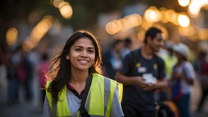 Smiling volunteer in bright vest at bustling outdoor event during sunset Generative AI