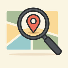 Map location icon with magnifying glass for navigation