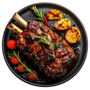 Deliciously cabrito assado roast goat with rosemary tomatoes and lemon on black plate isolated white background