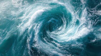 Fototapeta premium Powerful ocean whirlpool swirling water with turquoise foam and waves top view ideal for energy concept nature design and environmental visuals