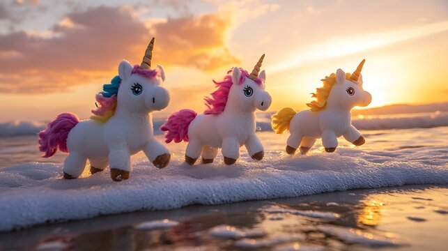 Stuffed unicorns galloping along the beach with a sunset backdrop