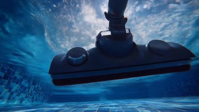 Underwater view of a pool vacuum cleaner in action, cleaning the tiled floor of a swimming pool, with sunlight filtering through the water surface, creating a serene atmosphere
