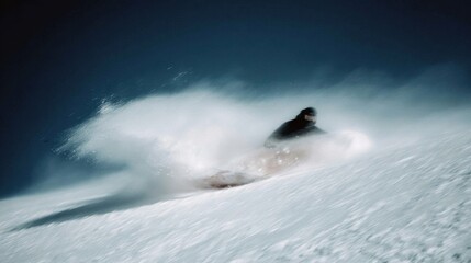 Snowboarder carving fast through fresh snow on mountain slope creating dynamic spray of powder perfect for winter sports and adventure visuals
