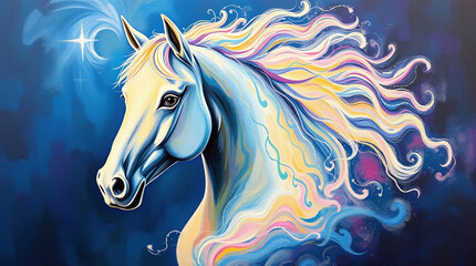 artistic painting portrait of white horse on blue with shining star above