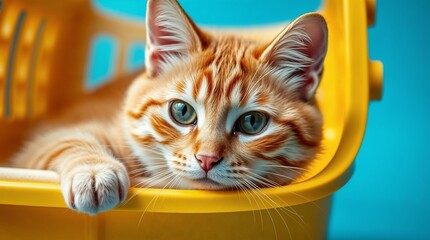 close up of orange cat in yellow carrier box and blue background