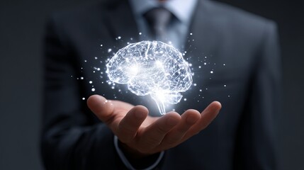 Professional businessman holding glowing digital brain, symbolizing innovation, intelligence, and technological advancement in modern business.