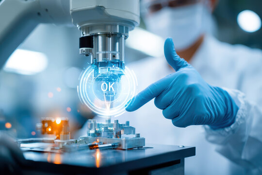 Technician using robotic arm with holographic display