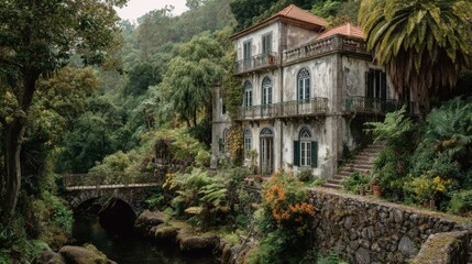 Abandoned vintage house in lush green forest with stone bridge over river at misty morning perfect for travel photography and fantasy landscape visuals
