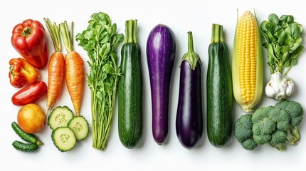 overhead view of fresh vegetables, featuring carrot, cucumbers, eggplant and zucchinis arranged white background