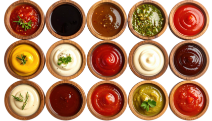 Wooden bowls of colorful sauces arranged in rows