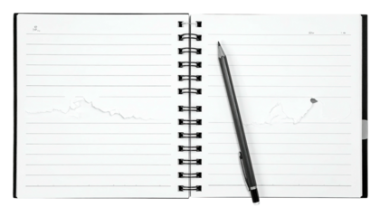 Open notebook with lined paper and a pencil lying diagonally