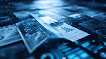 Dynamic digital data stream illuminating financial reports and analytics, showcasing futuristic business insights and global connectivity.