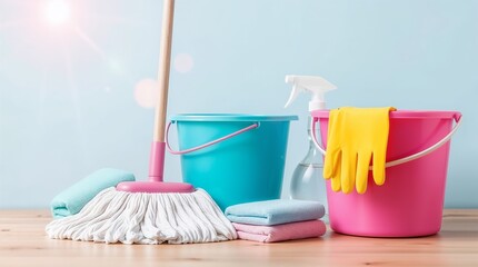 house cleaning tools. buckets, cloths, rubber gloves, spray and mop