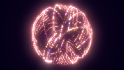 Glowing golden neon sphere formed by countless colorful sparkling light particles