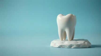 white human tooth model standing upright on white base, against blue background