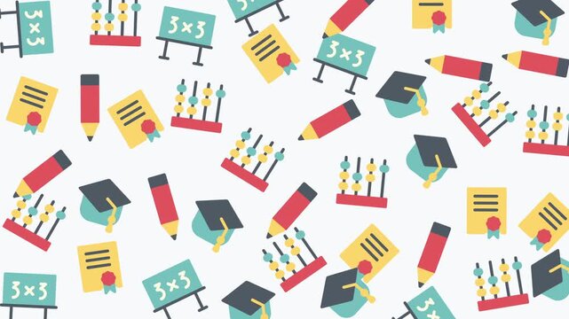 Educational Symbols and Tools Pattern with Graduation Caps and Books in Colorful Graphic Illustration