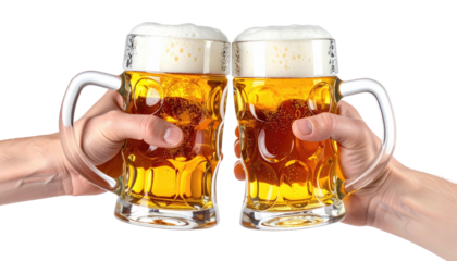 Two hands clinking full mugs of golden beer with foamy white heads
