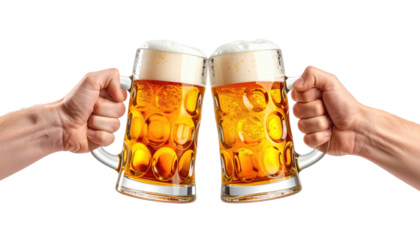 Two beers clink in celebration, frothy, transparent glass mugs
