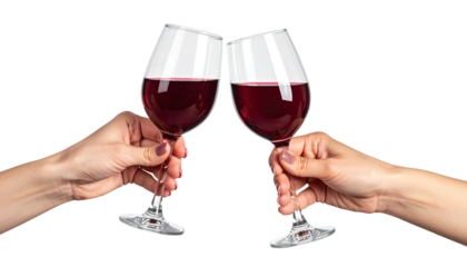 Wine glasses clinking, filled with red liquid against black
