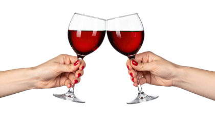 Two hands toasting red wine glasses, against a black background