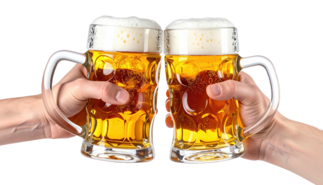 Two hands clinking full mugs of golden beer with foamy white heads